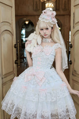 Blue [Bunny Dream Letter] Square Collar Flutter Sleeves Jacquard Ruffled Bow Lace Sweet Princess Balletcore Lolita Jsk Dress - Product - 4