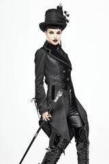 Black Front Decals Metal Button Lace-Up Cuff Dovetail Hem Striped Jacquard Women's Gothic Coat - Product - 4