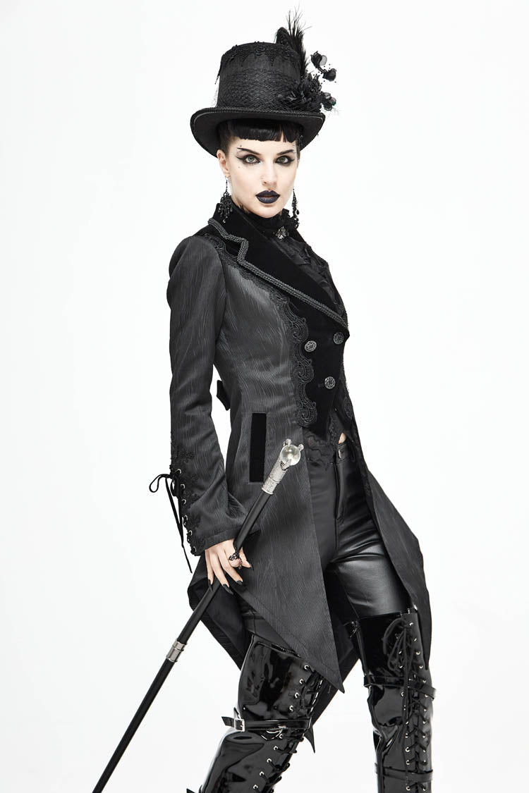 Black Front Decals Metal Button Lace-Up Cuff Dovetail Hem Striped Jacquard Women's Gothic Coat - Product - 4