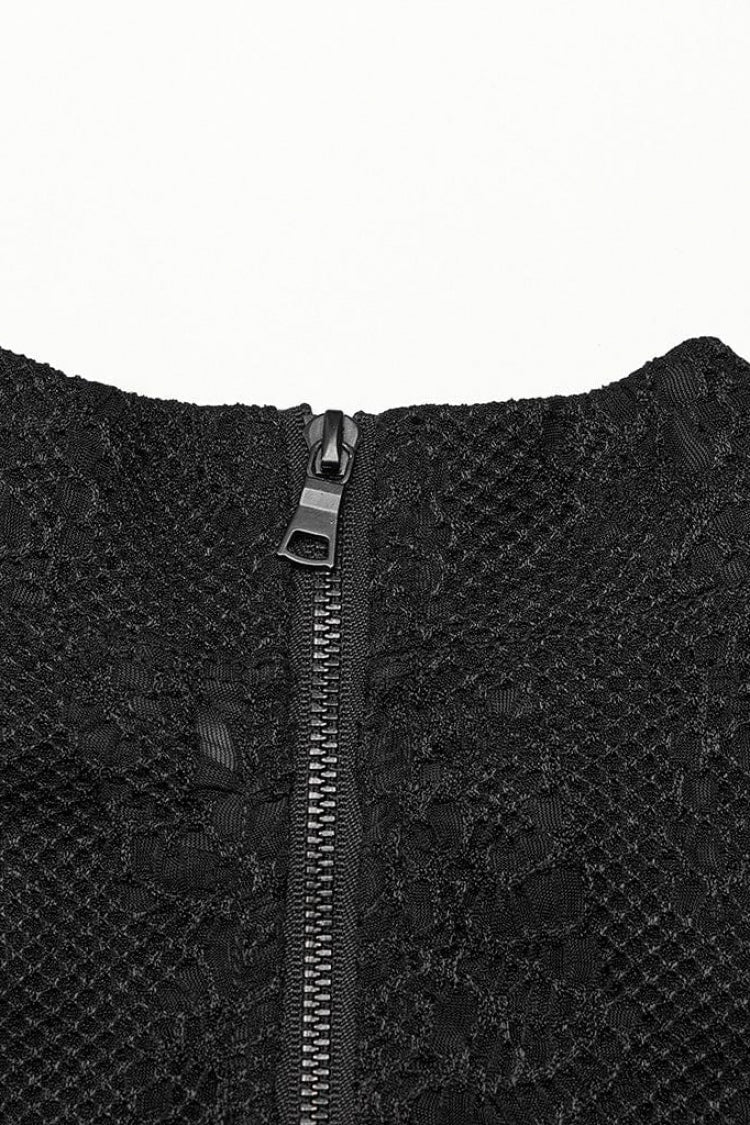Black Round Collar Long Sleeves Jacquard Symmetrical Rope Mens Gothic T-Shirt - Product - 7