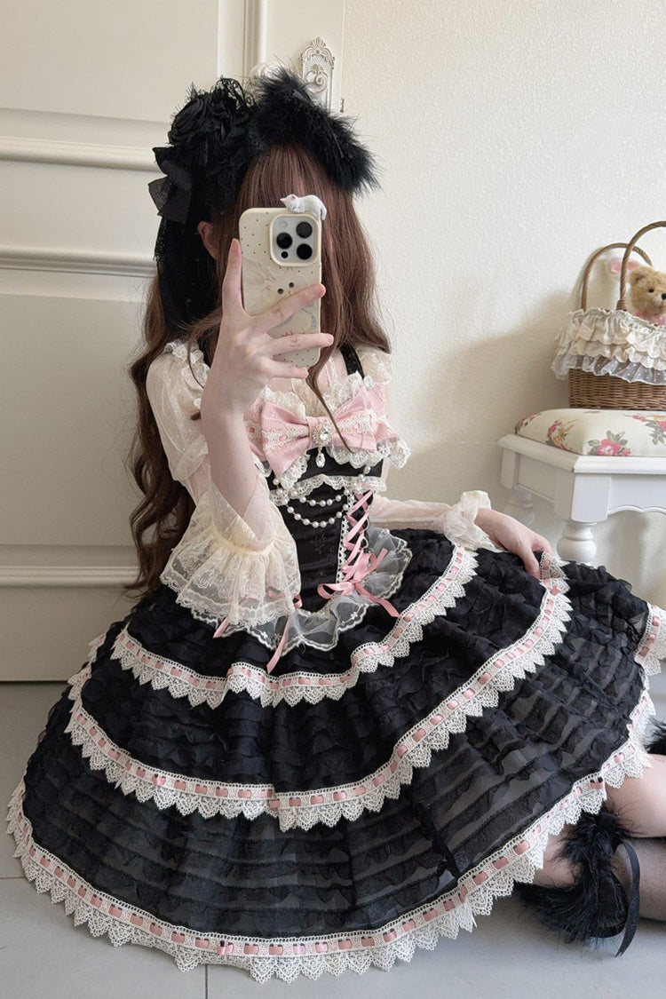 Black [Song of Floral Letters] Sleeveless Triple-Layered Bowknot Lace-Up Sweet Lolita Jsk Dress - Product - 3