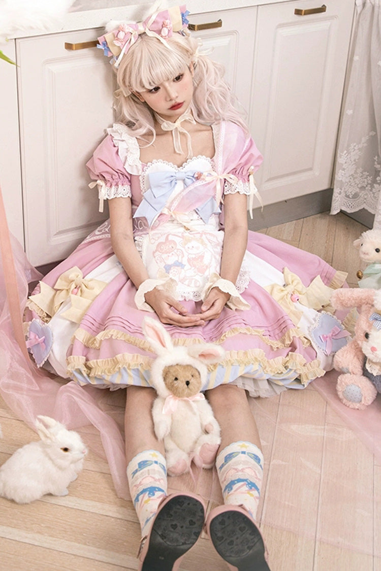 Pink Short Sleeves Print Ruffle Bowknot Lace-Up Sweet Princess Lolita Dress Set - Product - 2