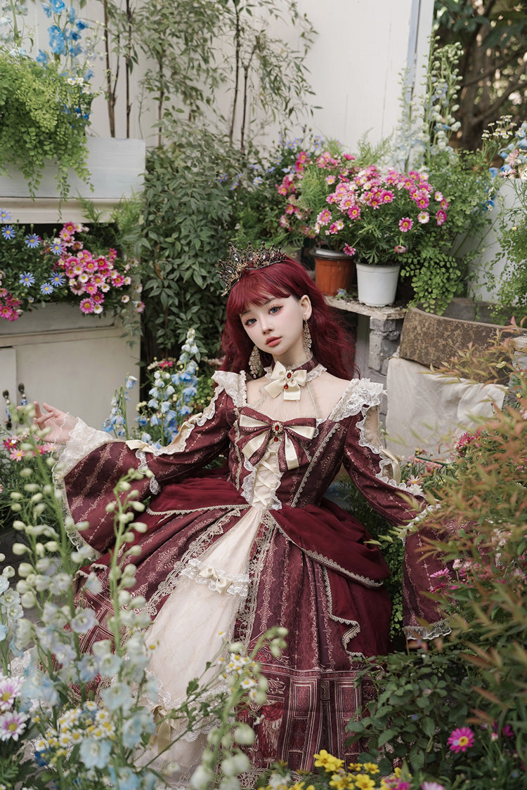 Red Baroque Palace Print Lace Classic Princess Lolita Dress - Product - 7