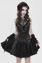 Black Off Shoulder Sleeveless Printed Spliced Lace Lace-Up Pleated Women's Gothic Dress - Product - 11
