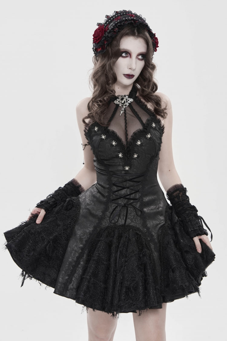 Black Off Shoulder Sleeveless Printed Spliced Lace Lace-Up Pleated Women's Gothic Dress - Product - 11