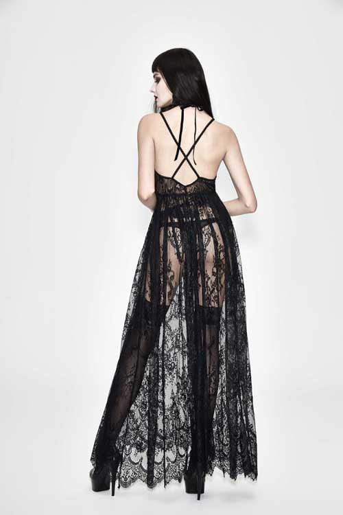 Black Mysterious Night Transparent Lace High Waist Sexy Halter Long Gothic Womens Dress - Product - 6