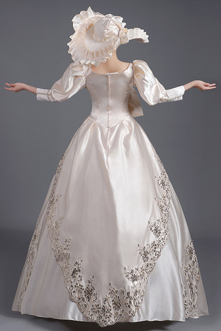 Champagne Half Sleeves Asymmetric Big Bowknot High Waisted Hollow Embroidery Print Victorian Lolita Prom Dress - Product - 4