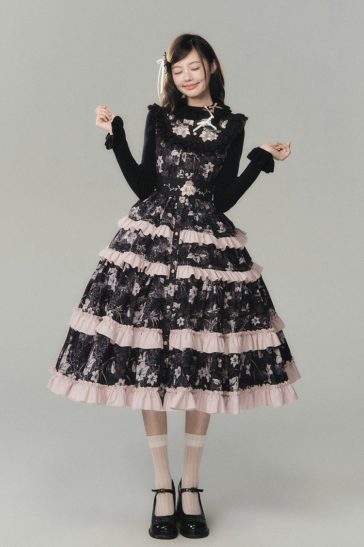 Black [Sacred Heart Lily] Round Collar Sleeveless Multi-Layered Printed Ruffled Embroidered Sweet Chinese Inspired Lolita Jumper Dress - Black - 1
