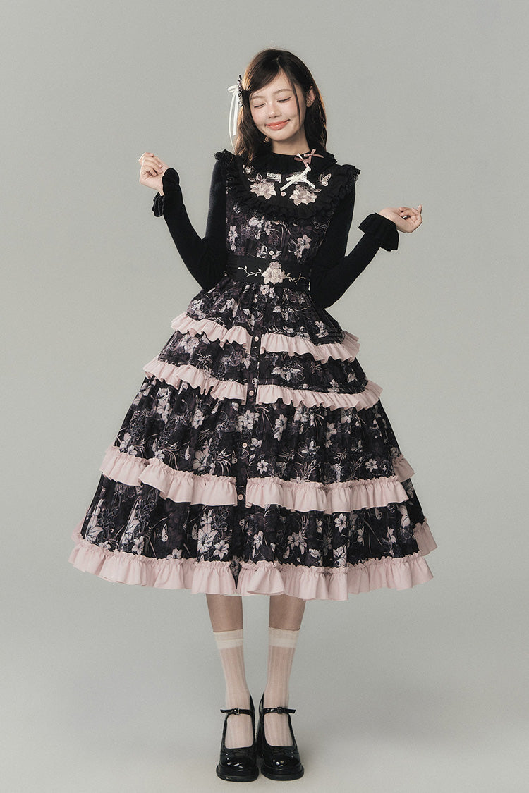 Black [Sacred Heart Lily] Round Collar Sleeveless Multi-Layered Printed Ruffled Embroidered Sweet Chinese Inspired Lolita Jumper Dress - Black - 1