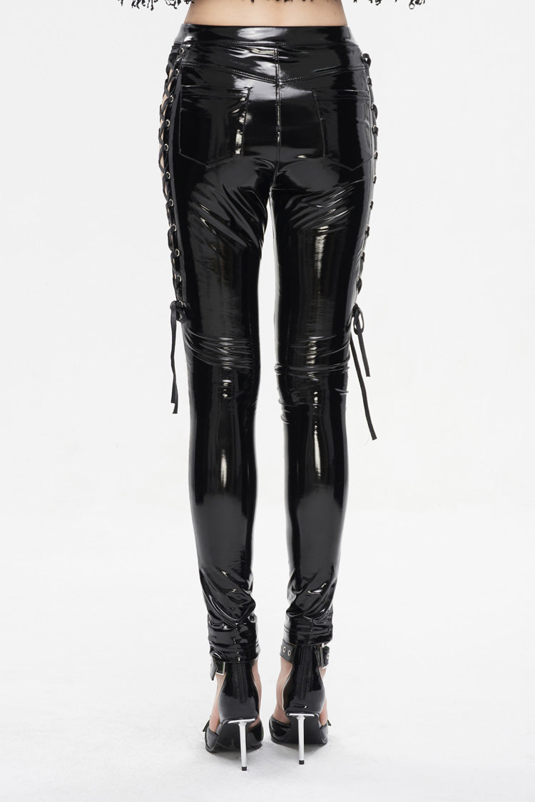 Black Patent Leather Side Cutout Lace Up Women's Punk Pants - Product - 6
