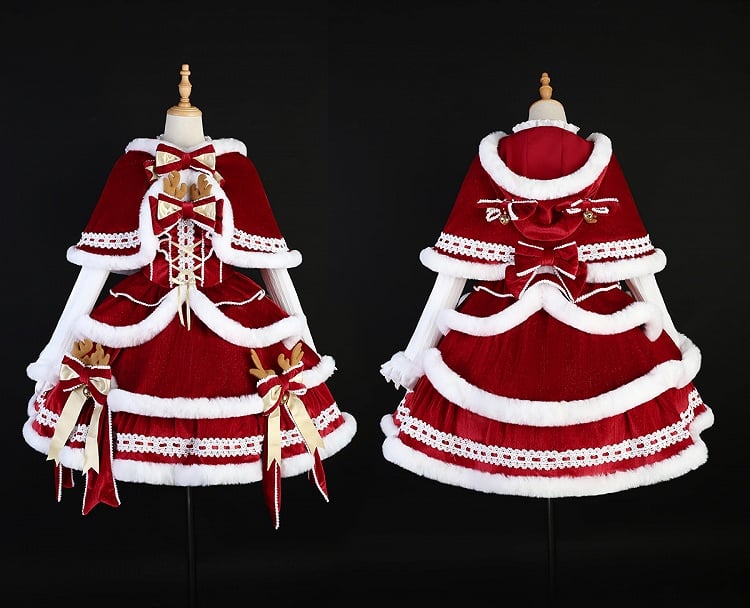 Red & White Christmas Lolita Full Set - JSK, Top & Cape detail view 12
