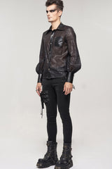 Black Punk Vertical Pattern Printing Cuff Drawstring Decoration See-Through Men's Shirt - Product - 5