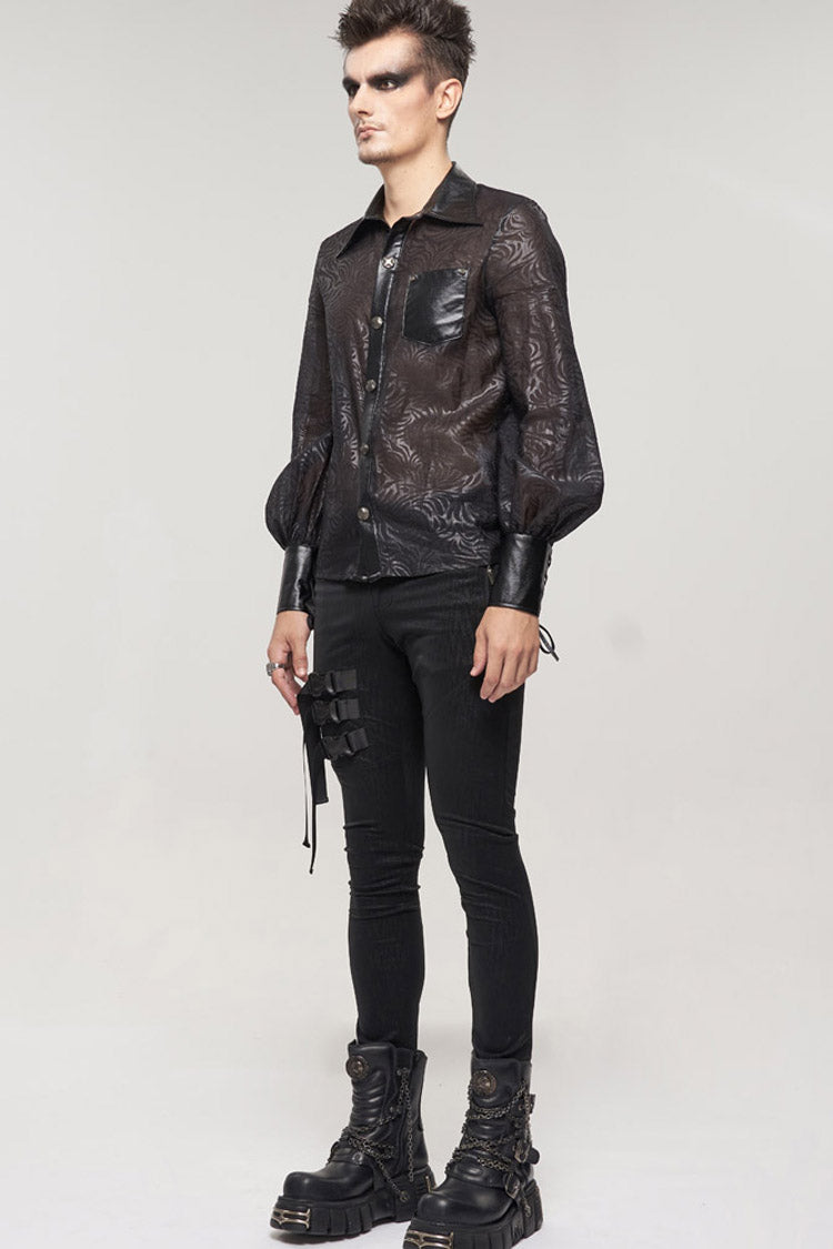 Black Punk Vertical Pattern Printing Cuff Drawstring Decoration See-Through Men's Shirt - Product - 5