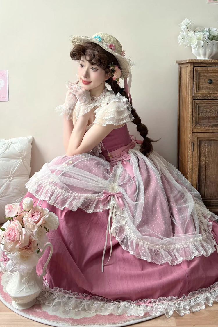 Rose Red [Sakura’s Spring Resonance] Sleeveless Ruffled Bow Sweet Lolita Jsk Dress (Long Version) - Product - 2