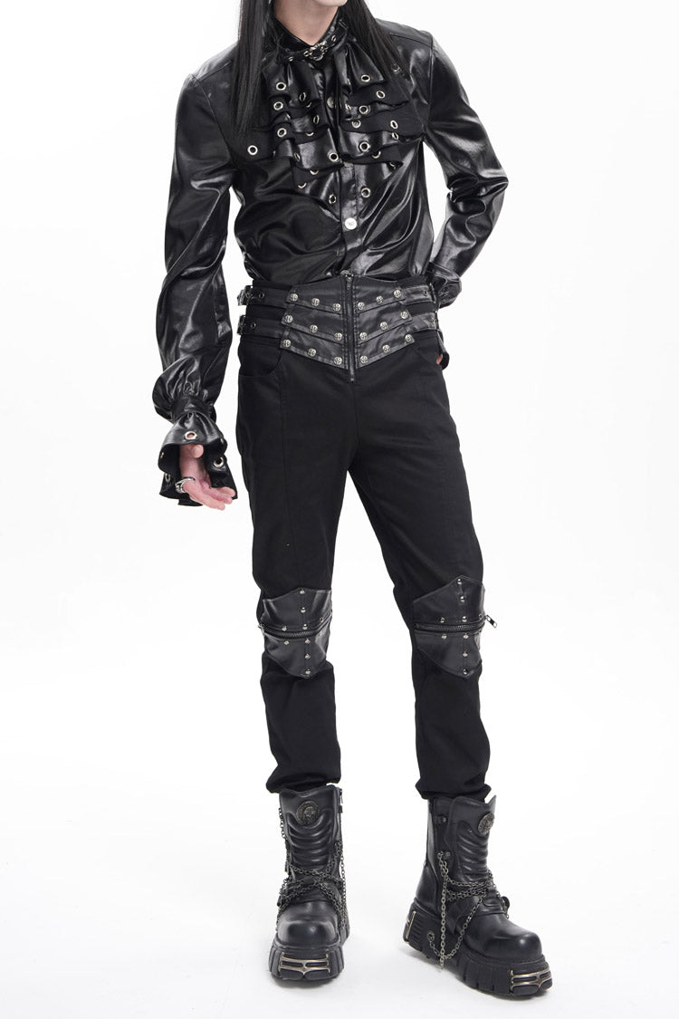 Black Stitching Buckle-up Studs Men's Gothic Pants - Product - 13