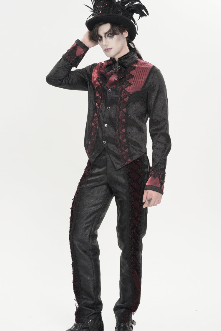 Red Stand Collar Long Sleeves Jacquard Embroidered Bow Lace Men's Gothic Palace Shirt - Product - 6