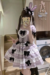 Triple-Layered Short Sleeves Vertical Stripes Print Ruffle Bowknot Lace-Up Sweet Lolita Jsk Dress 2 Colors - Product - 11