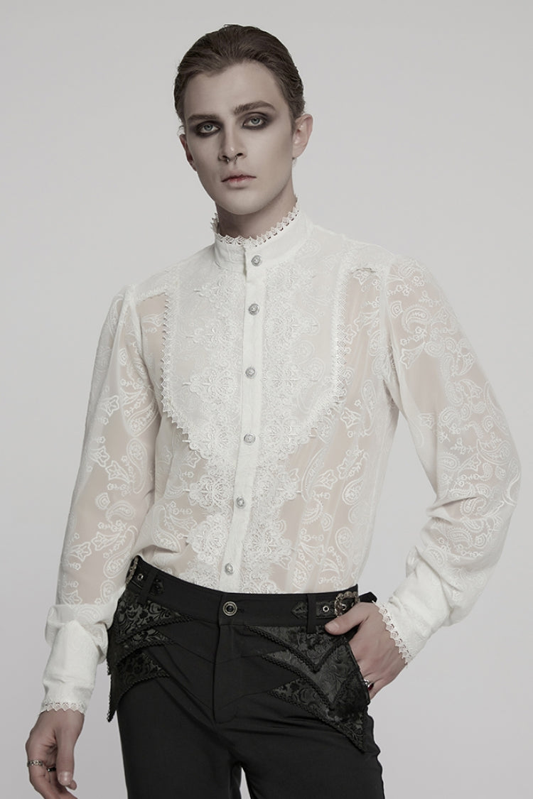 White Stand Collar Chiffon Long Sleeves Hollow Embroidery Men's Gothic Blouse - White - 1