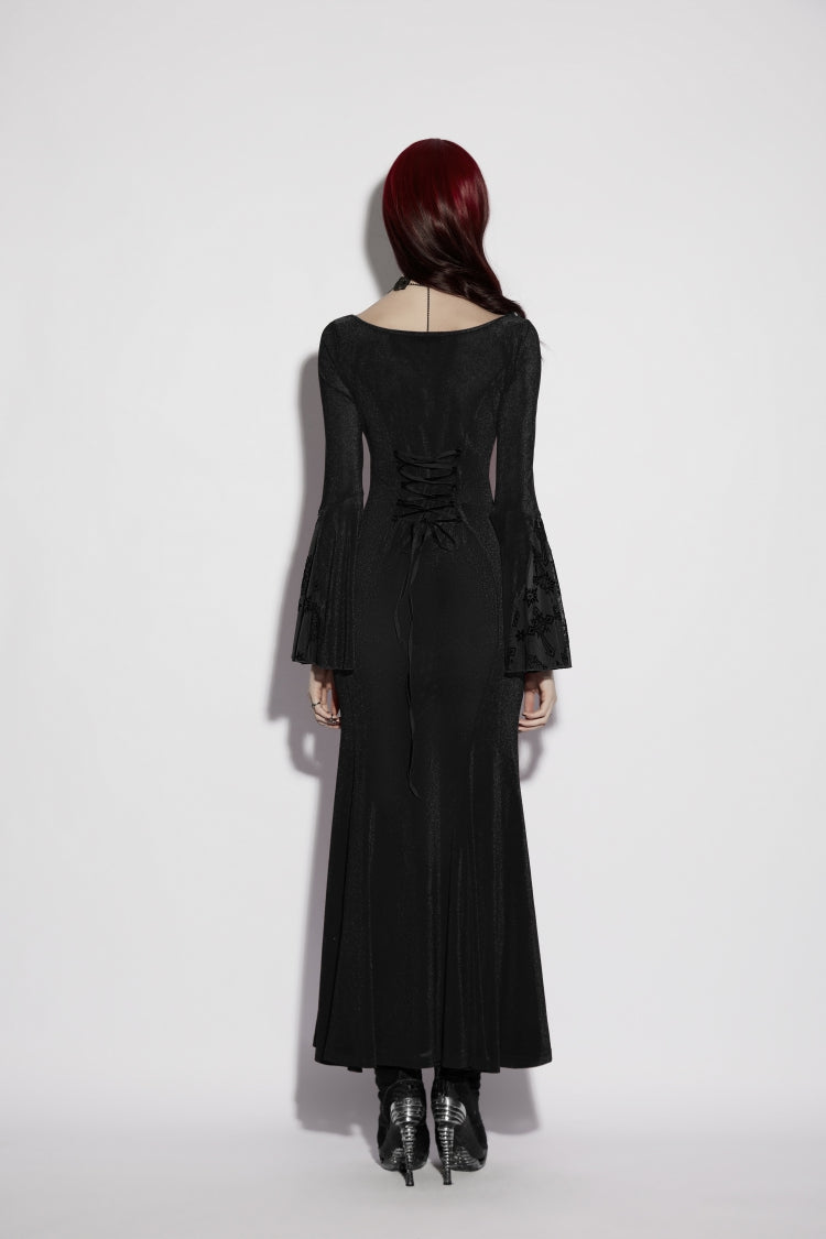 Black Round Collar Long Trumpet Sleeves Spliced Lace Lace-Up Slim Mesh Eyelet Women's Gothic Gorgeous Dress Graduation Dress - Product - 4