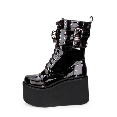 Black Skull Decorative Side Zip Gothic Lolita Boots - Product - 4