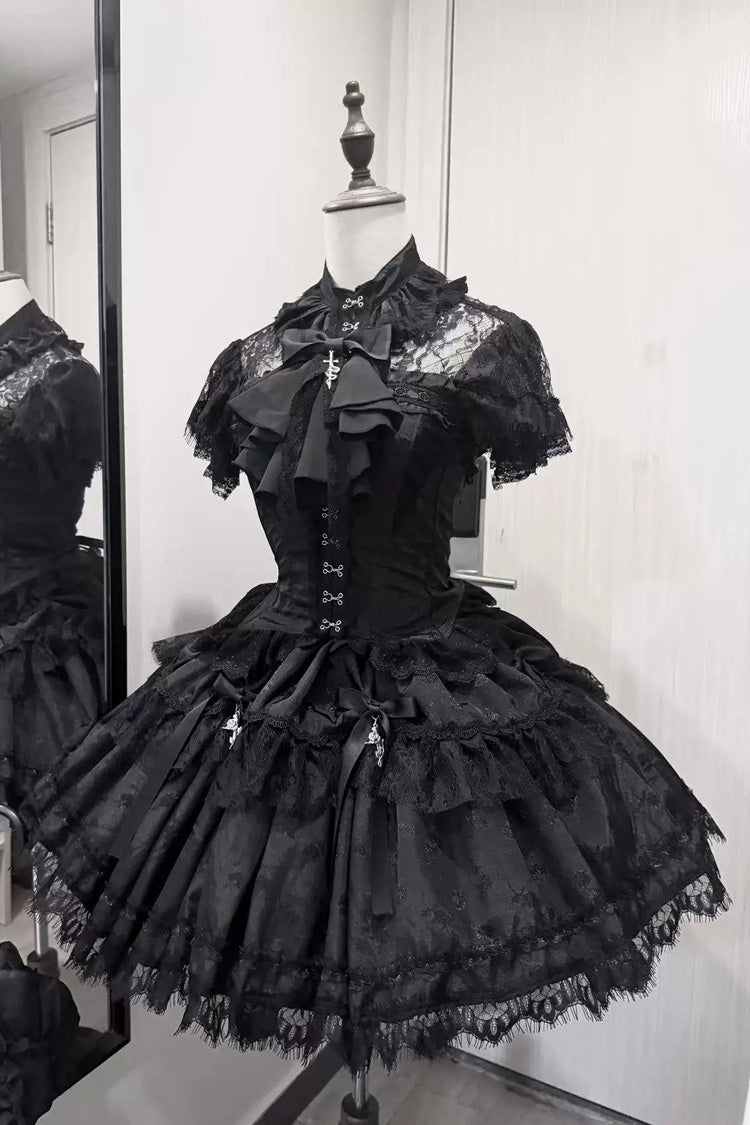 Black [Silver Moon Thorn] Off Shoulder Sleeveless Jacquard Ruffled Bow Patchwork Lace Gothic Lolita Skirt Two-piece Set - Black(Top+Skirt+Blouse+Bow) - 6
