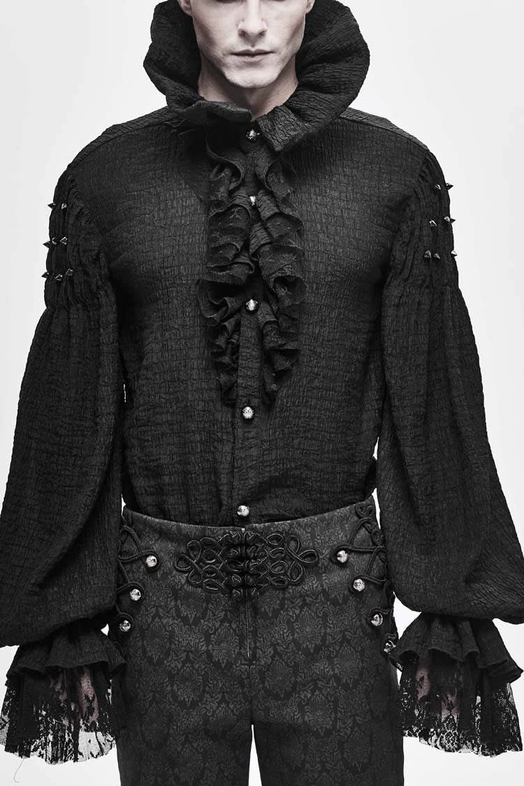 Black High Collar Chiffon Chest Frilly Beading Long Sleeve Lace Cuff Men's Gothic Shirt - Black - 1