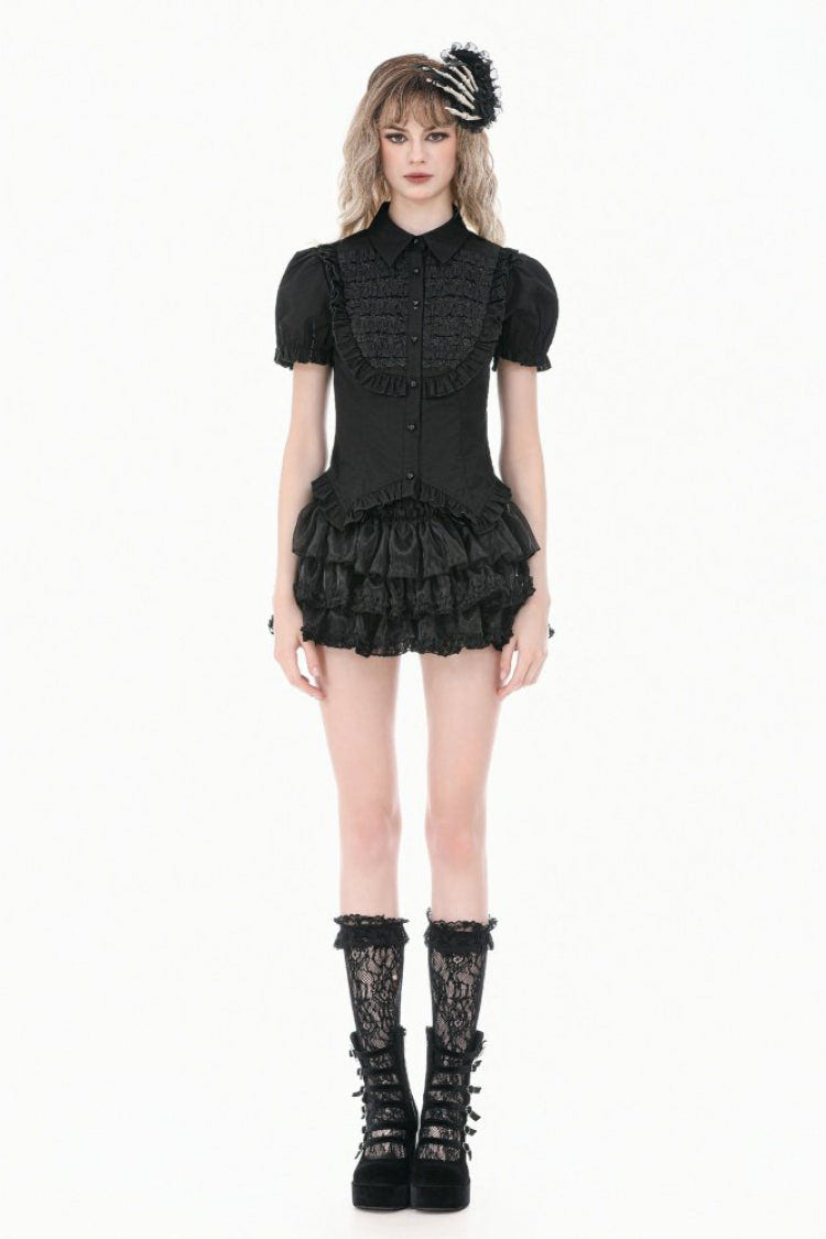 Black Pointed Turn‑down Collar Ruffled Short Puff Sleeves Pleated Women's Gothic Victorian Slim Blouse - Product - 7