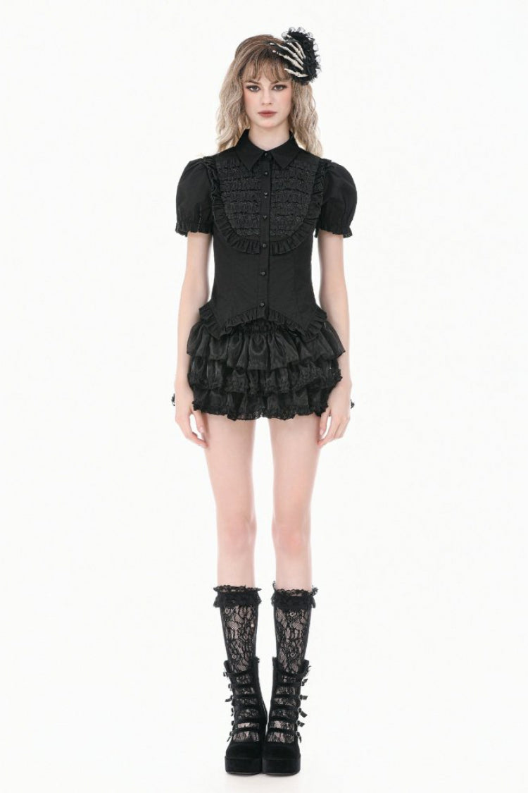 Black Pointed Turn‑down Collar Ruffled Short Puff Sleeves Pleated Women's Gothic Victorian Slim Blouse - Product - 7