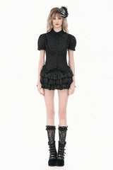 Black Pointed Turn‑down Collar Ruffled Short Puff Sleeves Pleated Women's Gothic Victorian Slim Blouse - Product - 7