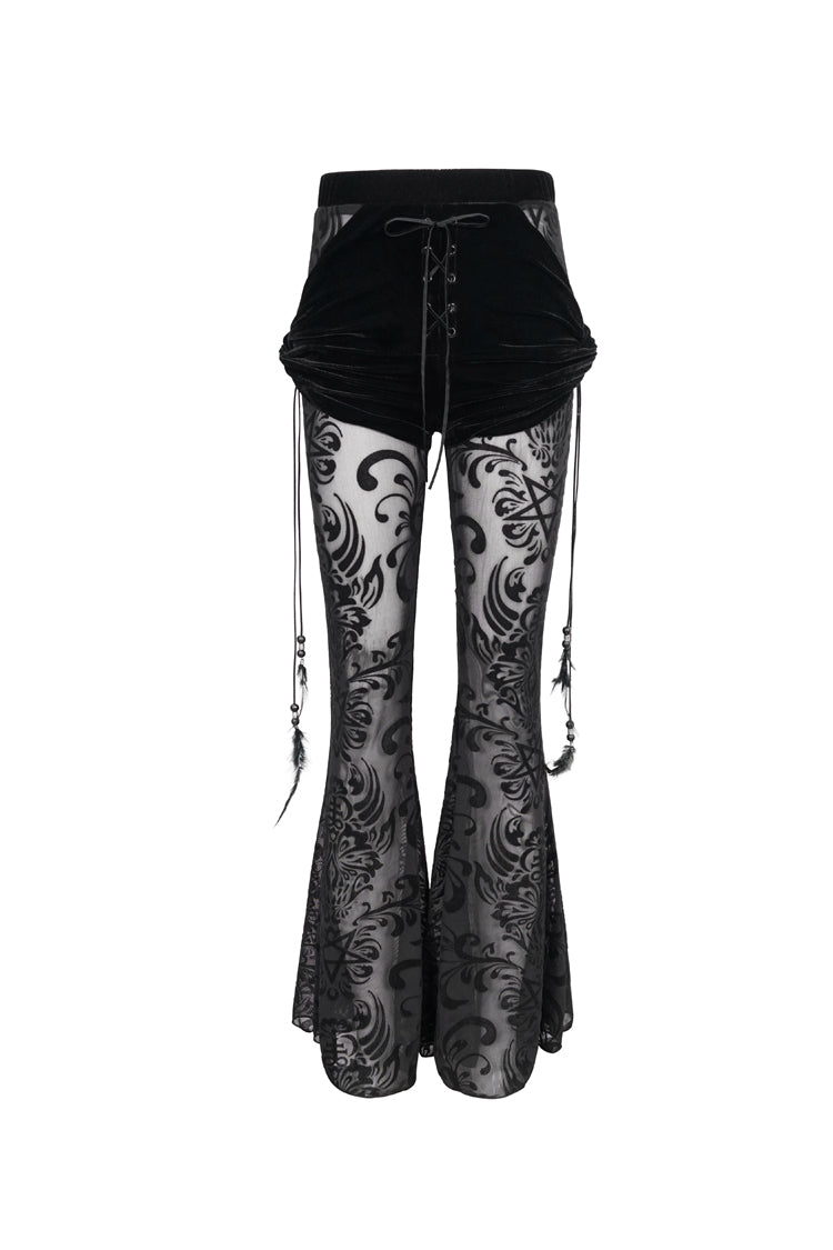 Black Flocking Mesh Side Hanging Feather Pendant Fake Two-Piece Long Women's Gothic Flared Pants - Product - 6