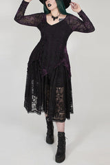 Purple V-Neck Front Splice Rose Lace Mesh Back Waist Lace-Up Irregular Hem Plus Size Knit Women's Gothic T-Shirt - Purple - 1