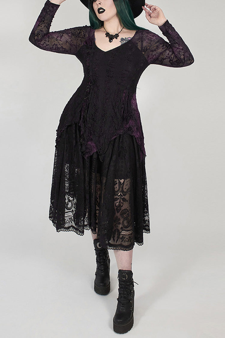Purple V-Neck Front Splice Rose Lace Mesh Back Waist Lace-Up Irregular Hem Plus Size Knit Women's Gothic T-Shirt - Purple - 1