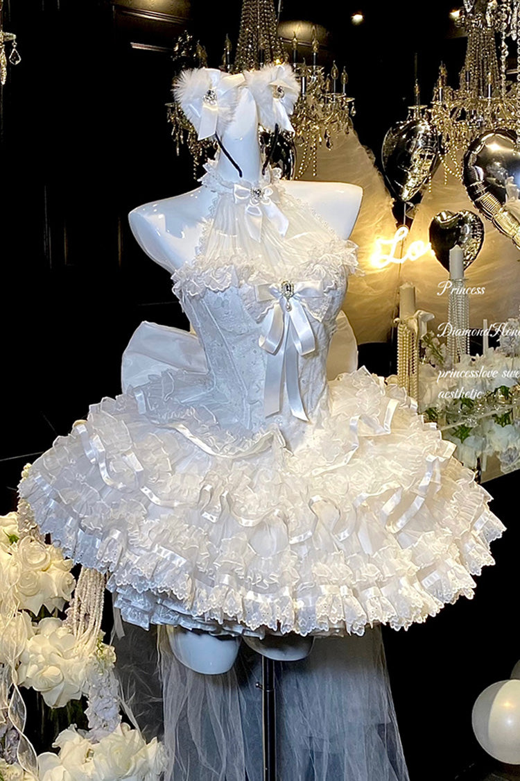 White [Love God Bride] Halterneck Ruffle Hanayome Bowknot Lace Sweet Princess Lolita Jsk Dress - Product - 3