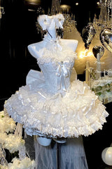 White [Love God Bride] Halterneck Ruffle Hanayome Bowknot Lace Sweet Princess Lolita Jsk Dress - Product - 3