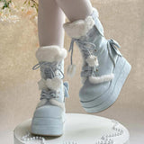 Blue Cute Platform Thick-Soled Bowknot Lace-Up Sweet Lolita Plush Boots - Product - 5