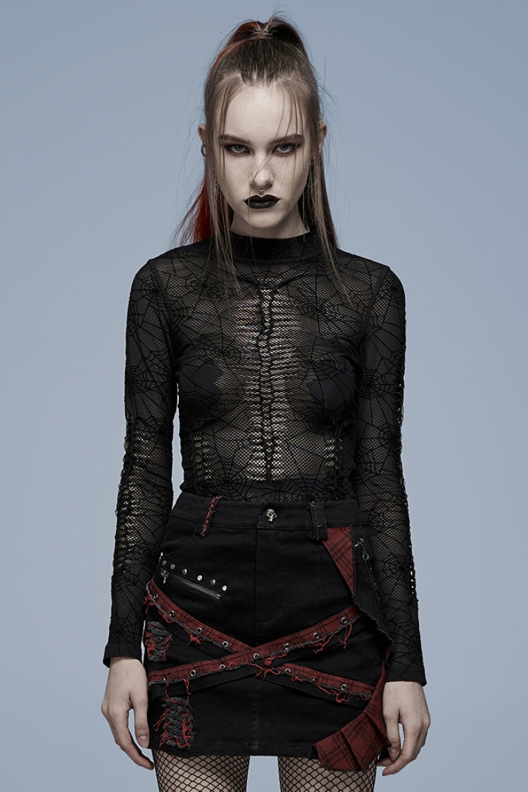 Black Long Sleeves Spider Web Print Hollow Mesh Women's Punk T-Shirt - Black - 1