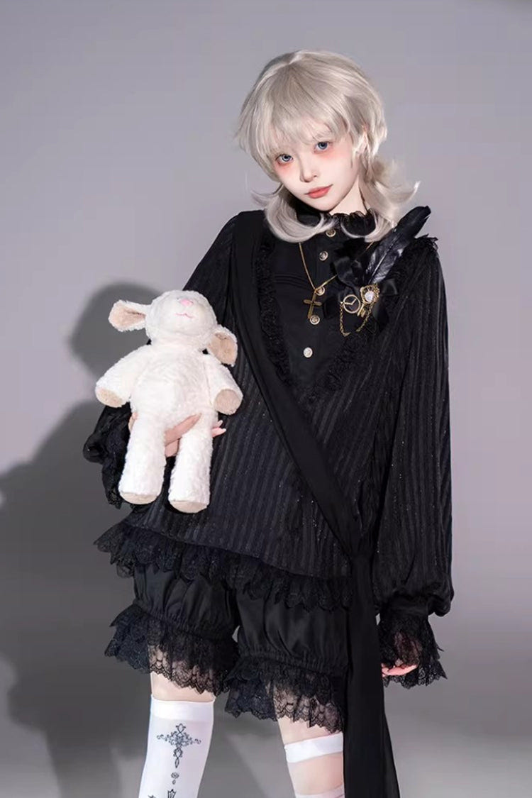 Black Stand Collar Long Short Sleeves Printed Ruffled Lace Gothic Ouji Lolita Set 2 Versions - Product - 13