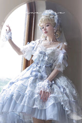 Blue [Diane Rose] Short Sleeves Multi-Layered Jacquard Ruffle Hanayome Cardigan Bowknot Lace Sweet Lolita Dress - Product - 7
