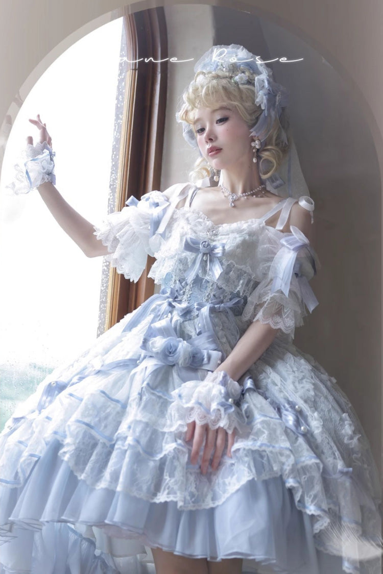Blue [Diane Rose] Short Sleeves Multi-Layered Jacquard Ruffle Hanayome Cardigan Bowknot Lace Sweet Lolita Dress - Product - 7