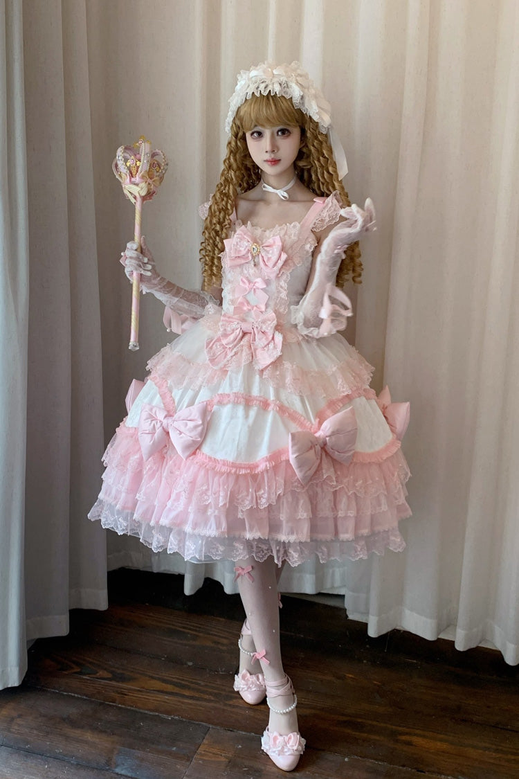 White/Pink [Flower Dream Isle] Square Collar Multi-Layered Ruffled Bow Lace Sweet Lolita Jsk Dress - Product - 3