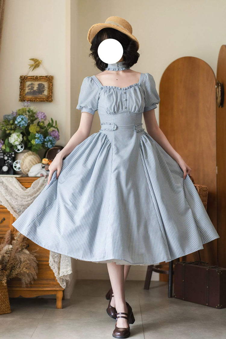 Light Blue [Chantilly Forest] Square Collar Short Sleeves Striped Printed Ruffled Classic Vintage Elegant Lolita Dress - Product - 5