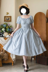 Light Blue [Chantilly Forest] Square Collar Short Sleeves Striped Printed Ruffled Classic Vintage Elegant Lolita Dress - Product - 5