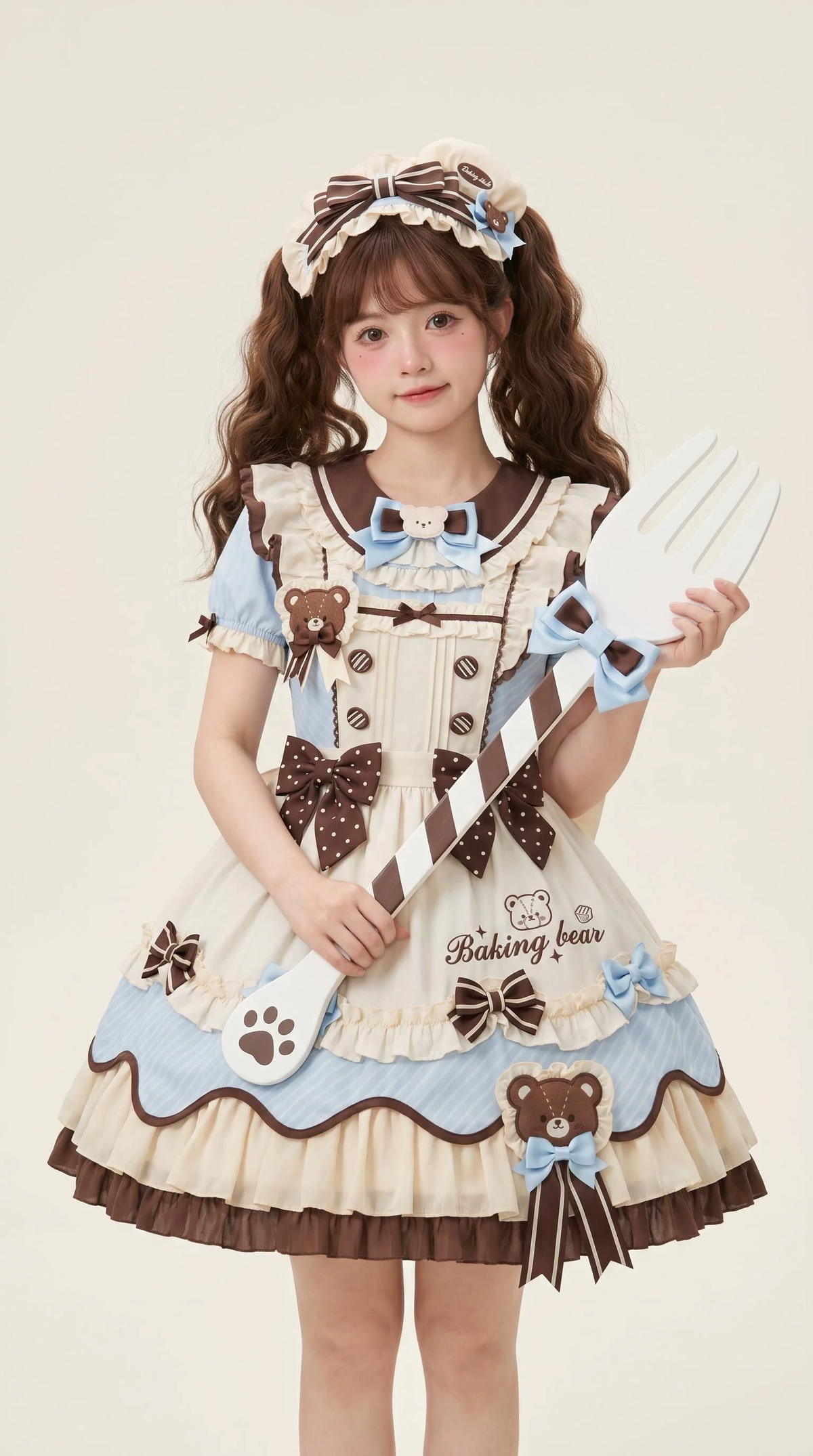 Blue and Brown Ruffled Bear Lolita Dress with Bow Accent - view 3