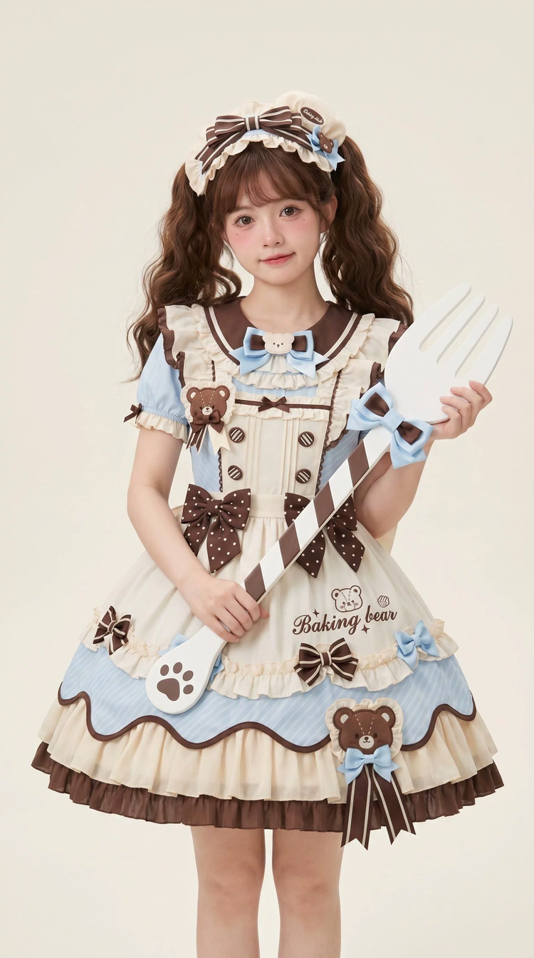 Blue and Brown Ruffled Bear Lolita Dress with Bow Accent - view 3