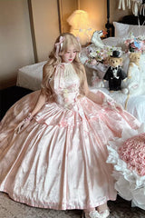 Pink [Softly Into Dreams] Halterneck Sleeveless Double-Layered Printed Ruffled Bow Lace Sweet Elegant Princess Gorgeous Lolita Jsk Long Dress - Product - 8
