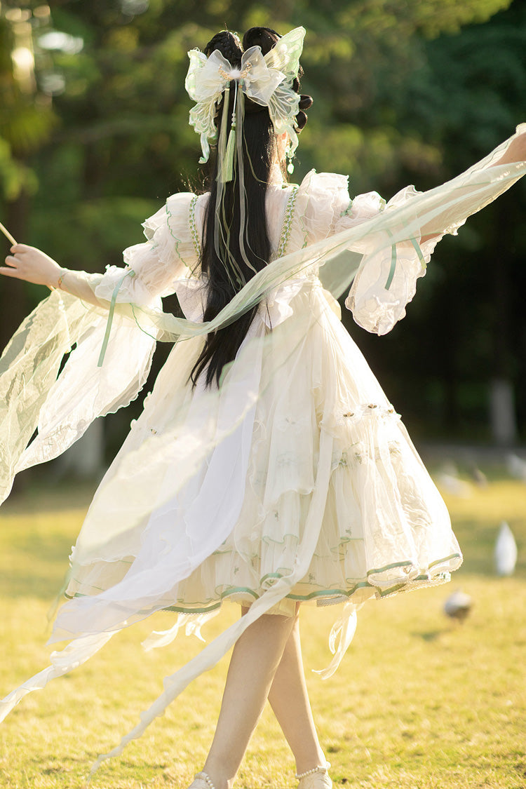 Ivory [Luo Ling Fu] Ruffle Embroidery Bowknot Lace Sweet Chinese Style Lolita Jsk Dress - Product - 3