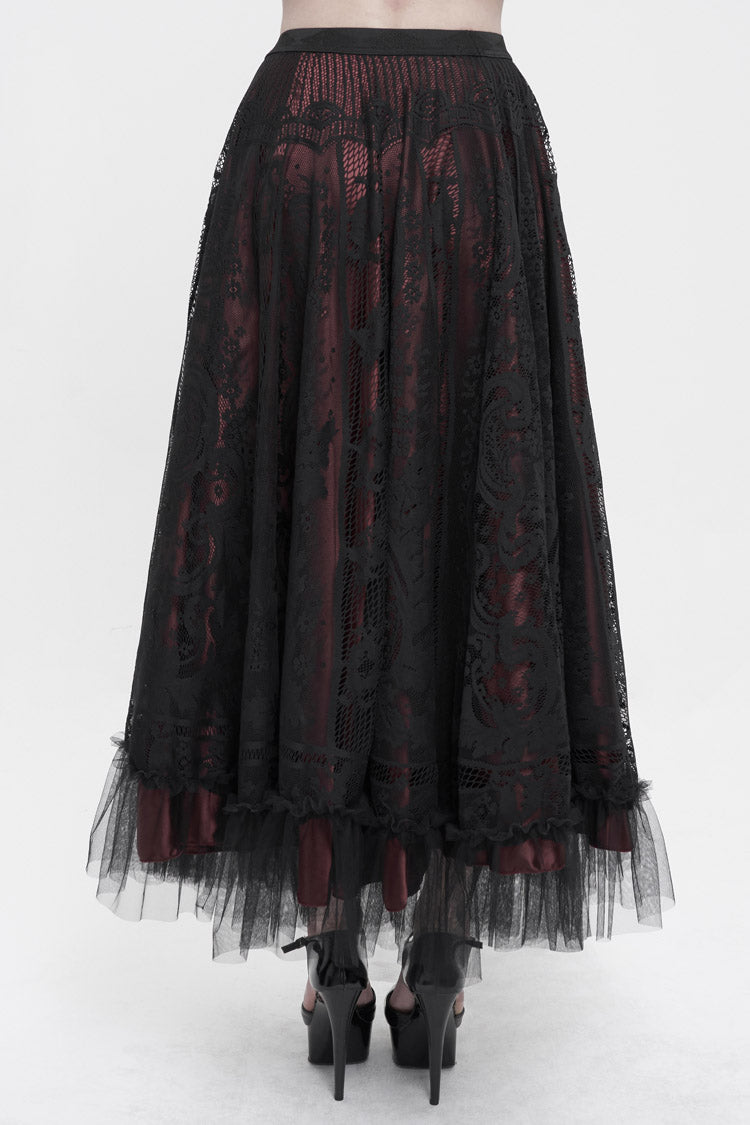 Black/Red Lace Flower Mesh Hem Paneled Ruffles Lace Big Swing Women's Gothic Skirt - Product - 3