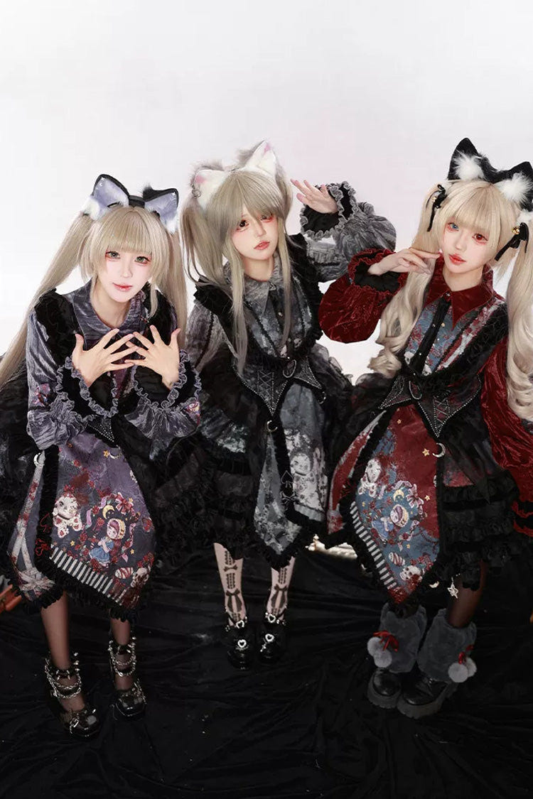 [Werewolf] Fairy Tale Lapel Collar Long Sleeves Printed Ruffled Open-Front Lace Heavy-Detailed Gothic Lolita Skirt Set (Red, Grey, Purple) - Product - 3