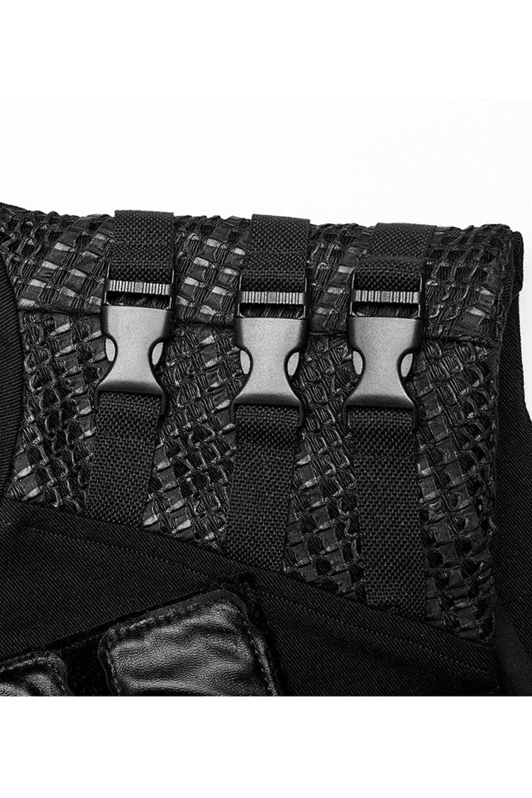 Black Punk High Collar Front Geometric Patterns Splicing Design Shoulder Padded Webbing Buckle Twill Men's Vest - Product - 6