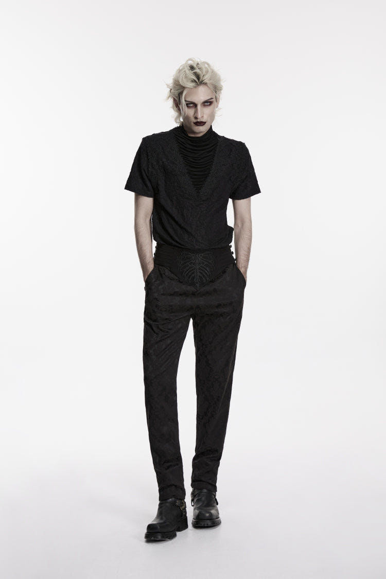 Black Embroidered Slim Pleated Men's Gothic Pants - Black - 1